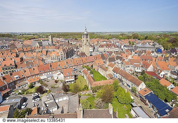 France  Nord  Bergues  Belfry of Bergues  which houses a carillon of 50 bells is listed as World Heritage by UNESCO (aerial view)