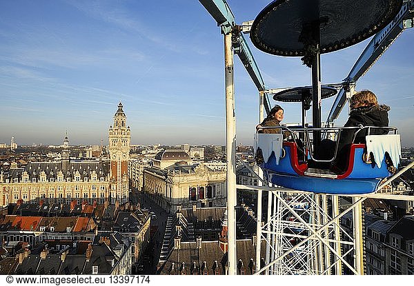 France  Nord  Lille  belfry of the Chamber of Commerce and Industry and Opera seen from the big wheel set up for Christmas