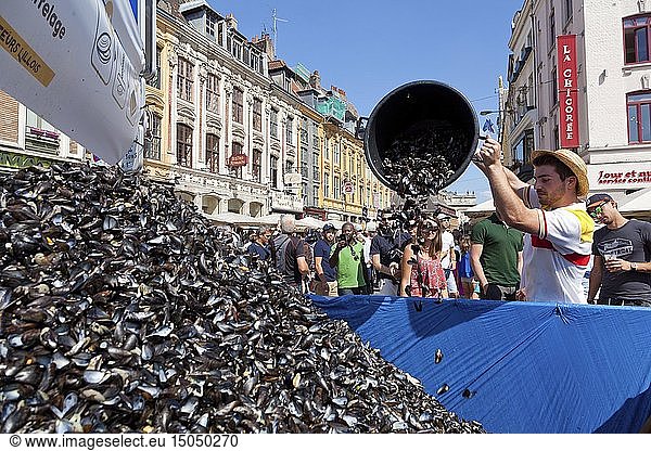 France  Nord  Lille  braderie of Lille  rihour square  bunch of mussels
