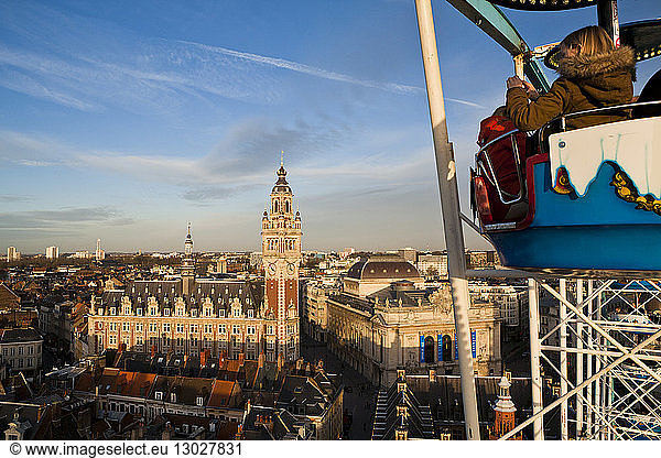 France  Nord  Lille  the belfry and the Opera house from the Big wheel during the Christmas holydays (aerial view)