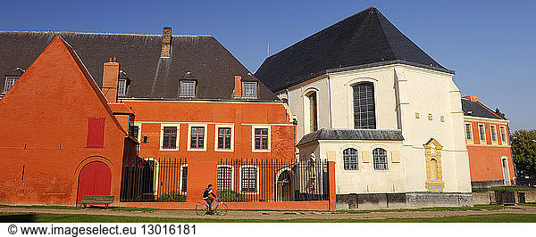 France  Nord  Lille  white chapel and red orange of the back cover of Hospice Comtesse in the neighborhood of Lille