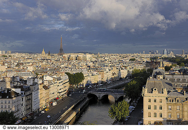 France Paris area listed as World Heritage by UNESCO panorama from Notre Dame de Paris cathedrale with the banks of the Seine and the Eiffel Tower