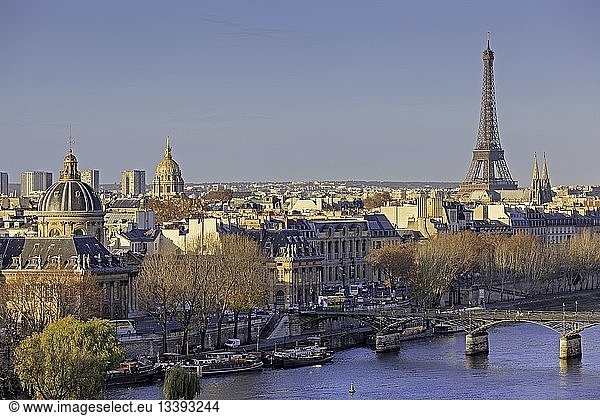 France  Paris  area listed as World Heritage by UNESCO  the Eiffel Tower and the pont des arts (arts bridge)  the left bank with the domes of the French Institute (French Academy) and the Invalides