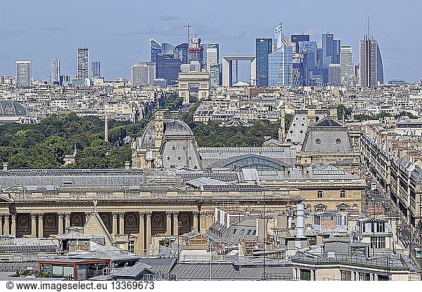 France  Paris  area listed as World Heritage by UNESCO  the Louvre Museum  the Arc de Triomphe with the skyscrapers of the La Defense business district in the background seen from Tour Saint Jacques