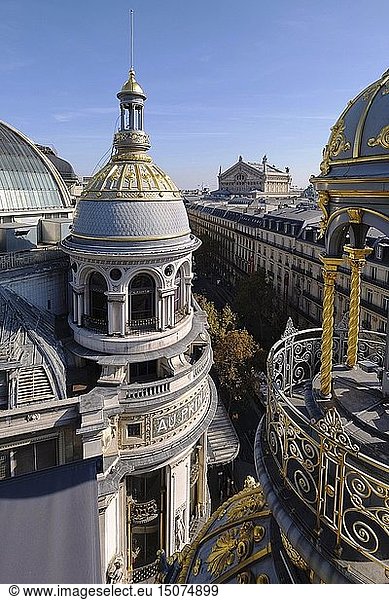France  Paris  Boulevard Haussman  the gilded dome of the department store Le Printemps Haussmann and the Garnier Opera in the background