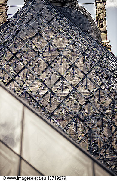 France  Paris  Close up of Louvre glass pyramid