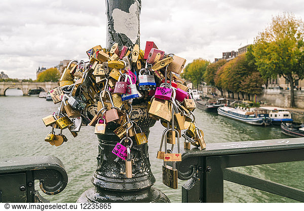 France  Paris  love locks on pole  Seine river