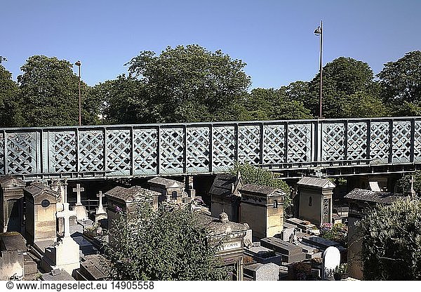 France  Paris  Montmartre Cemetery spanned by the metal bridge of Caulaincourt street