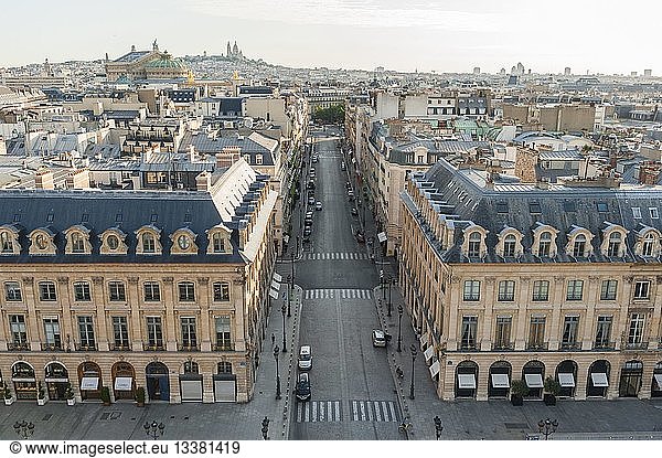 France  Paris  Place and Vendome column  the epicenter of Parisian elegance  the column is a bronze column 44.3 meters high and about 3.60 meters in mean diameter  set on a base and topped by a statue of Napoleon I (aerial view)