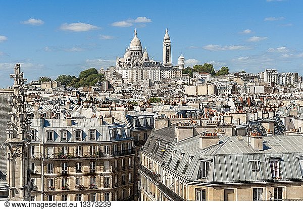 France  Paris  seen on northern Paris neighborhood since the Saint-Bernard church in the background with Montmartre and the Sacre Coeur (aerial view)