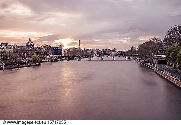 France  Paris  Seine river and Pont Neuf at sunset