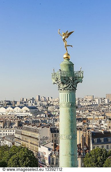 France Paris the Genius of the Bastille The Genius of Liberty is a gilt bronze sculpture by Auguste Dumont in 1836 and since that time crowning the top of the Column of July Place de la Bastille in Paris (aerial view)