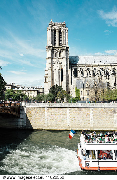 France  Paris  tourboat on Seine River and Notre-Dame