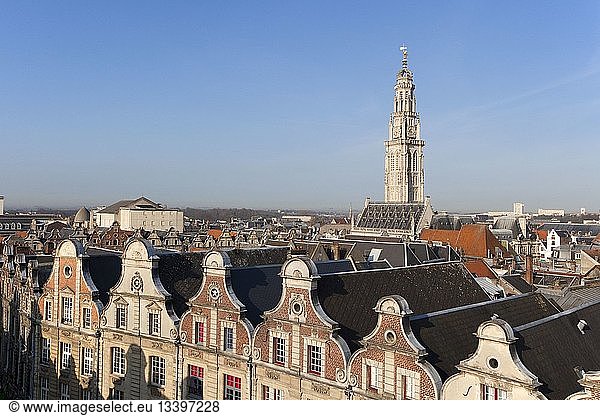France  Pas de Calais  Arras  belfry listed as World Heritage by UNESCO and Flemish Baroque style houses (aerial view)
