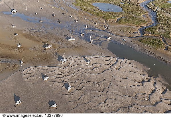 France  Pas de Calais  Cote d'Opale  Le Touquet  boats stranded on the beach at low tide in the Bay of Canche (aerial view)