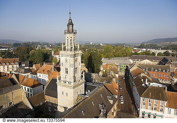 France  Pas de Calais  Hesdin  Belfry listed as World Heritage by UNESCO (aerial view)