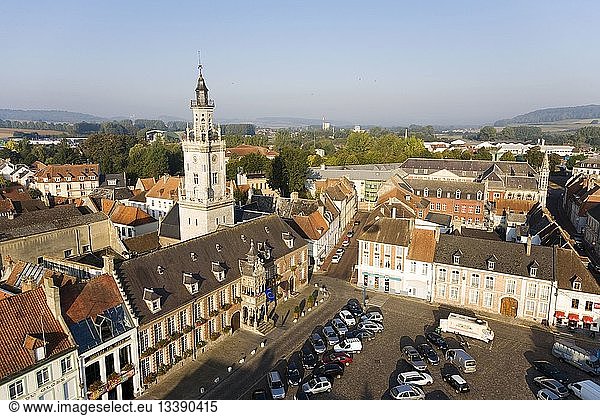 France  Pas de Calais  Hesdin  Belfry listed as World Heritage by UNESCO (aerial view)