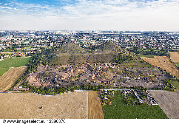 France Pas de Calais Loos en Gohelle the twin slag heaps of pit head 11/19 mine site listed as World Heritage by UNESCO (aerial view)
