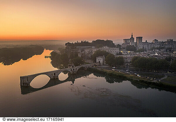 France  Provence-Alpes-Cote dAzur  Aerial view or river Rhone and Pont Saint-Benezet bridge at dawn