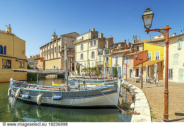 France  Provence-Alpes-Cote dAzur  Martigues  Boats moored along town canal