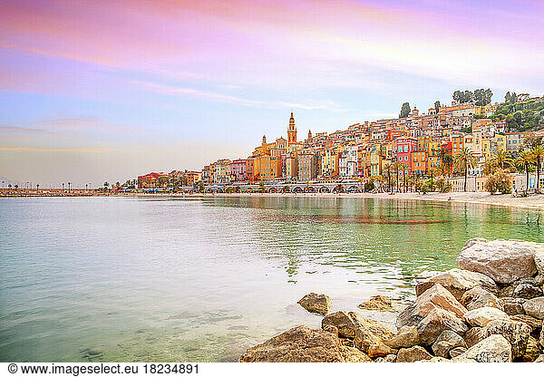 France  Provence-Alpes-Cote dAzur  Menton  Shore of town on French Riviera at dusk