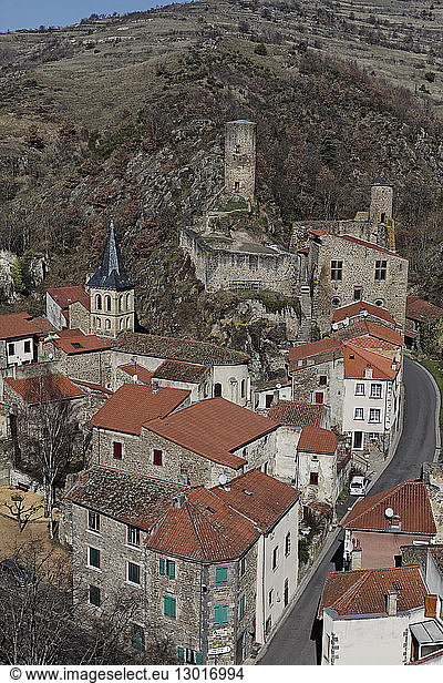France Puy de Dome Saint Floret labelled Les Plus Beaux Villages de France (The Most Beautiful Villages of France) the villageat the bottom of the castle dated 13th century and Couze Chambon Valley