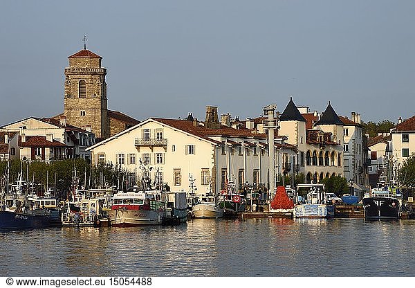 France  Pyrenees Atlantiques  Basque Country  Saint Jean de Luz  the fishing port  the white facade of the town hall  the house of Louis XIV on the right and the Saint-Jean-Baptiste (Saint John the Baptist) Church