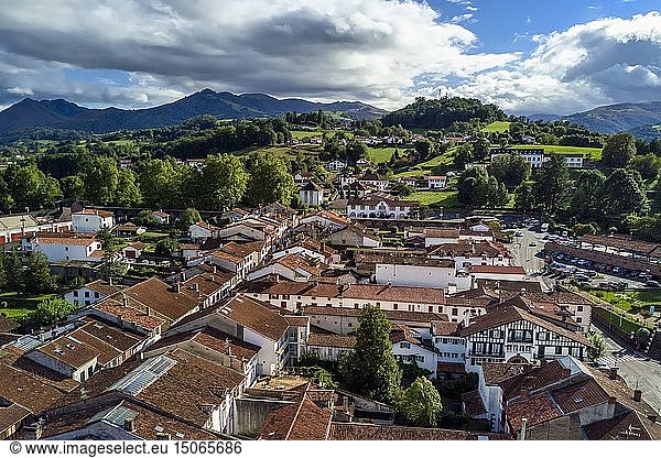 France  Pyrenees Atlantiques  Basque Country  Saint Jean Pied de Port  the rue d'Espagne (street of Spain) towards Roncesvalles (aerial view)