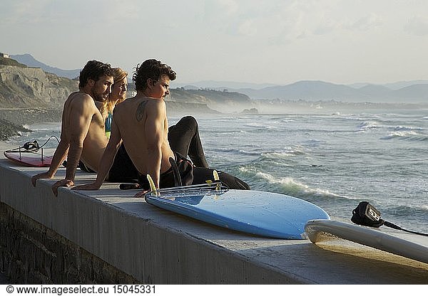 France  Pyrenees Atlantiques  Pays Basque  Biarritz  surfers in front of the Basques coast beach