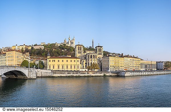 France Rhone Lyon historic district listed as a UNESCO World Heritage site Old Lyon the banks of the Saone river Saint-Jean Cathedral and Notre-Dame de Fourviere basilica in the background
