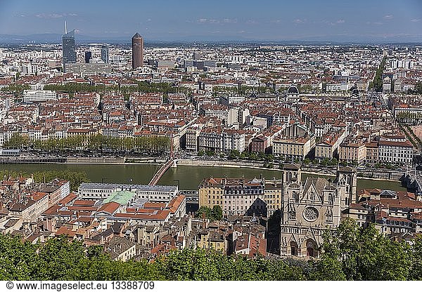 France  Rhone  Lyon  historical site listed as World Heritage by UNESCO  panorama from Fourviere Hill  view of the Lyon Cathedral (Cathedrale Saint-Jean-Baptiste de Lyon) and of the La Part Dieu skyscraper with the Oxygene tour  the Pencil and the new Incity tour who is the third skyscraper of France ( included arrow) with the Alps of which visible Mont Blanc to the right of the top of the tower