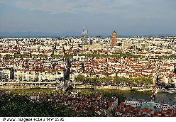 France  Rhone  Lyon  historical site listed as World Heritage by UNESCO  panorama from the Fourviere hill  Old Lyon and La Part Dieu and Oxygene towers in the background