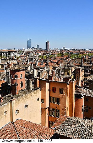 France Rhone Lyon historical site listed as World Heritage by UNESCO Vieux Lyon (Old Lyon) St Jean district Maison du Crible also called Tour Rose and La Part Dieu and Oxygene towers in the background