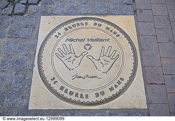 France  Sarthe  Le Mans  Place de la Republique district  hand prints of the winners of the 24 hours of Le Mans car race