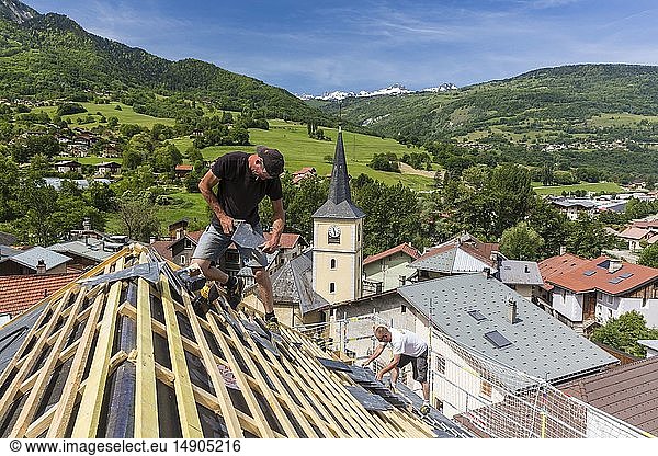 France  Savoie  Aigueblanche  repair with lauzes of the skeleton of the castle