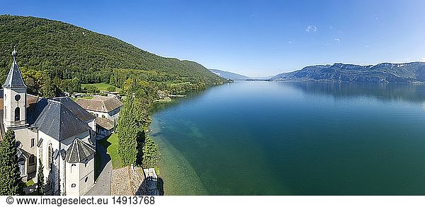 France; Savoie  Point panoramic view of Lake Bourget from the top of the tower Marie-Christine de Hautecombe Abbey