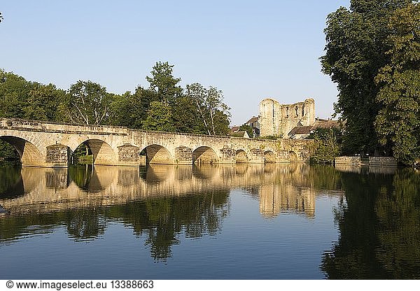 France Seine et Marne Grez sur Loing Old stone bridge across the Loing river and 12th century (1127) Ganne tower built under the reign of Louis 6th