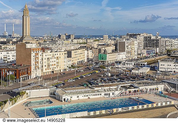 France  Seine Maritime  Le Havre  city center listed as World Heritage by UNESCO  overlooking the swimming pool of the Havre nautical club and the bell tower of the church of Saint Joseph