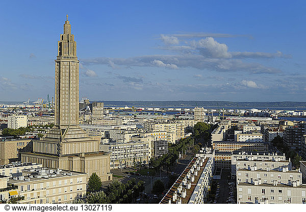 France  Seine Maritime  Le Havre  Downtown rebuilt by Auguste Perret listed as World Heritage by UNESCO  Perret buildings and St. Joseph's Church  the port in the background