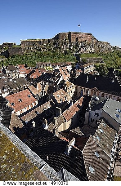 France  Territoire de Belfort  Belfort  Place d Armes  from the top of a tower of Saint Christophe cathedral  overlooking the old town castle and the Lion