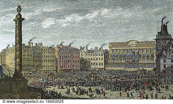 France. 18th century. The queen Marie Antoinette(1755-1793) arrives at the Town Hall in Paris during the celebration of the Dauphin of France birth on January 21st  1782. Engraving in Paris a travers les Ages . Colored.
