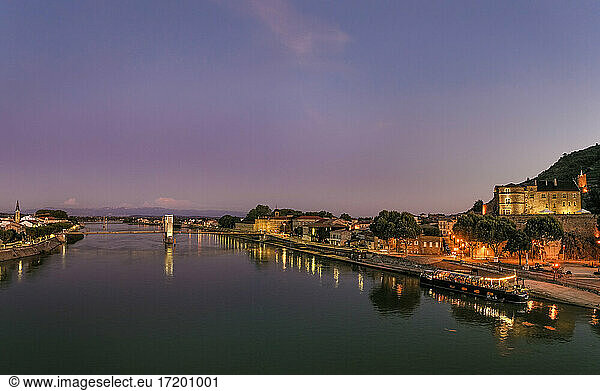 France  Tournon Sur Rhone  Townscape with river at sunset