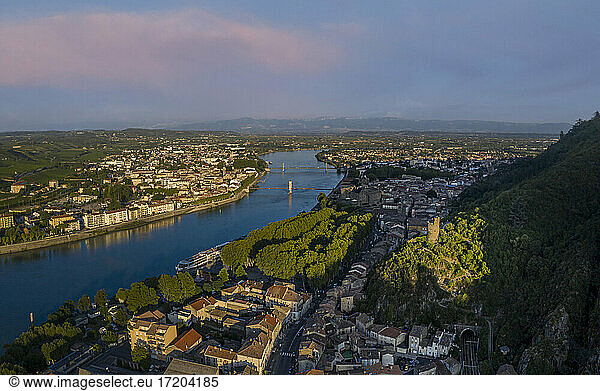 France  Tournon Sur Rhone  Townscape with river at sunset