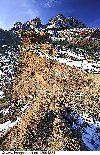 France  Var  Roquebrune sur Argens  snow in winter on the cliffs of the Rocher de Roquebrune