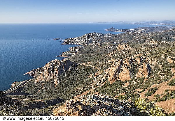 France  Var  Saint Raphael  Esterel massif  seen since the Cape Roux on the Rock Saint Barthelemy  the coast of the Corniche of Esterel  the cove of Antheor  the bay of Agay and the Cap du Dramont