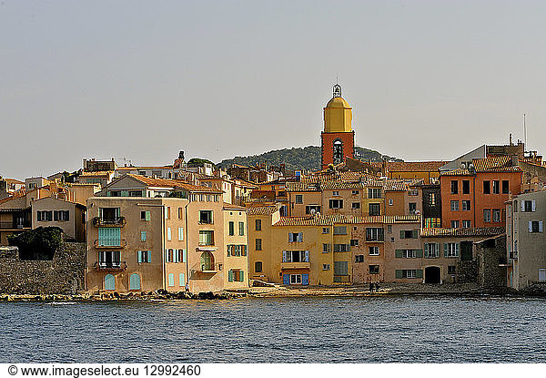 France  Var  Saint Tropez  the famous port of Saint Tropez small and colorful houses seen from the sea