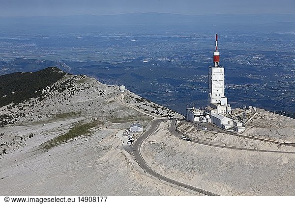 France  Vaucluse  Bedoin  summit of Mont Ventoux in summer  D974  observatory tower  meteorological observatory and television transmitter  climax of the Mont Ventoux at 1911 meters (aerial view)