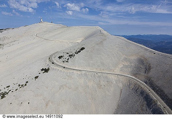 France  Vaucluse  Bedoin  summit of Mont Ventoux in summer  D974  observatory tower  meteorological observatory and television transmitter  climax of the Mont Ventoux at 1911 meters (aerial view)