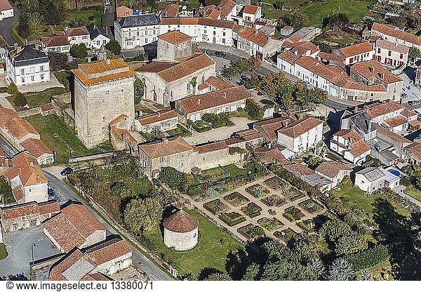 France  Vendee  Bazoges en Pareds  the donjon  the church and the medieval garden (aerial view)