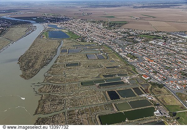 France Vendee L'Aiguillon sur Mer the port the village on the Lay estuary (aerial view)
